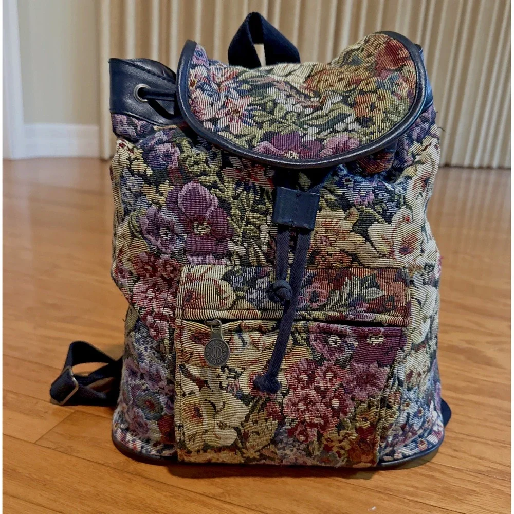VTG 80s/90s New York Studios Floral Tapestry Backpack Black Leather Trim 10x12x5